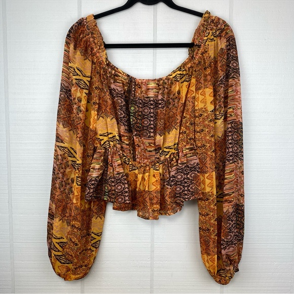 Live 4 Truth Orange Brown Mixed Pattern Peasant Top Balloon Sleeves Peplum Waist - Picture 4 of 6